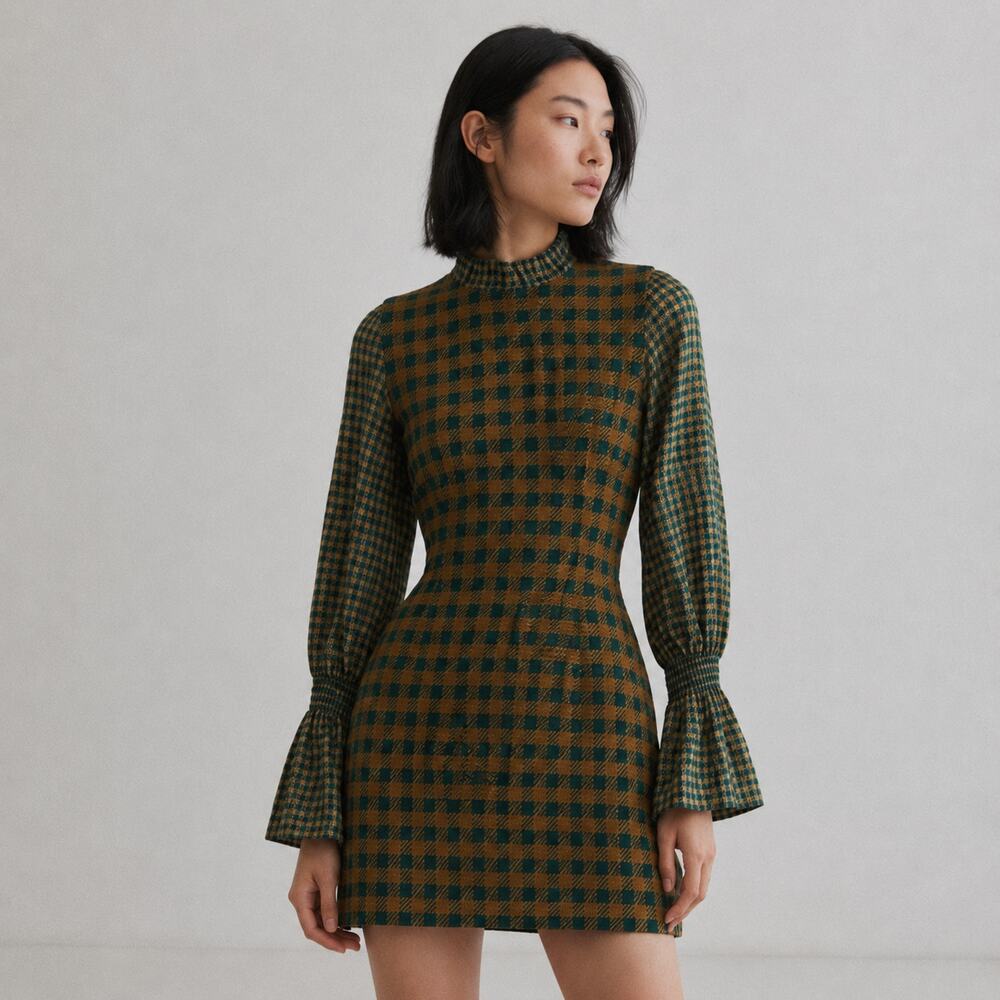 Sea Ethno Combo Dress Womens 8 Green Plaid Gingham Wool Long Sleeve Mini